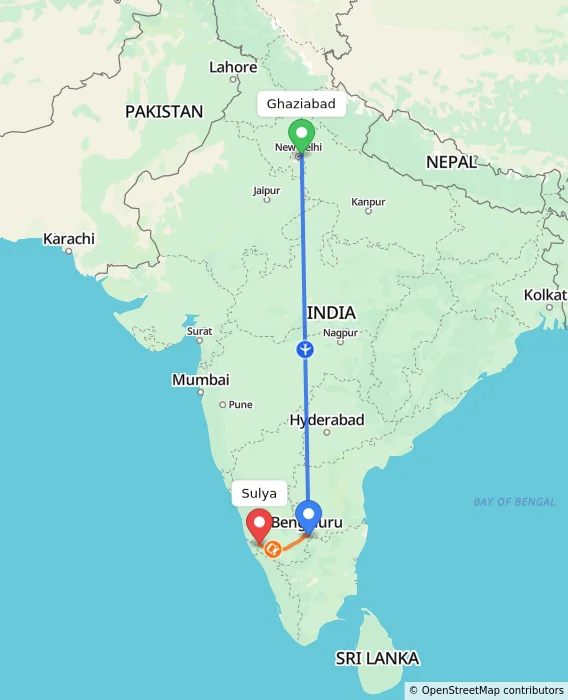 Route map showing distance and travel time from Ghaziabad, India to Sulya, India