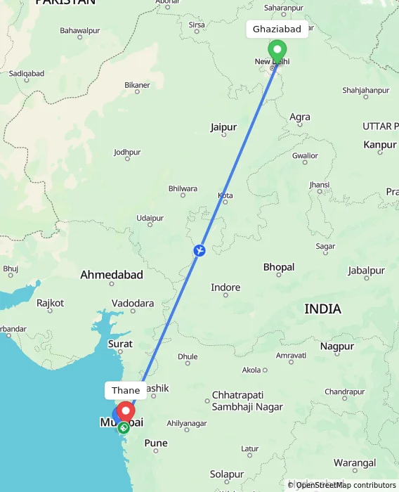 Route map showing distance and travel time from Ghaziabad, India to Thane, India