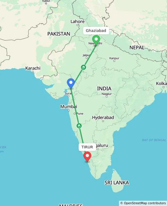 Route map showing distance and travel time from Ghaziabad, India to TIRUR, India