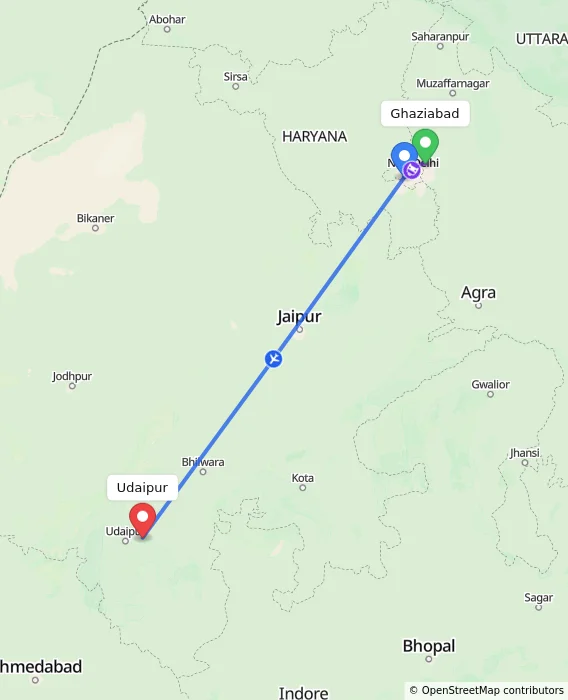 Route map showing distance and travel time from Ghaziabad, India to Udaipur, India