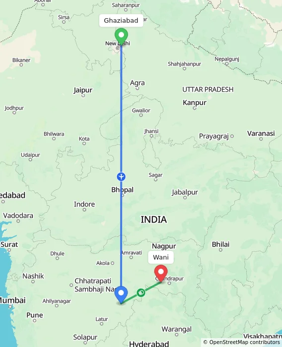 Route map showing distance and travel time from Ghaziabad, India to Wani, India