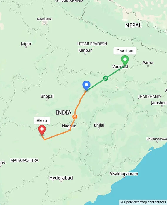 Route map showing distance and travel time from Ghazipur, India to Akola, India
