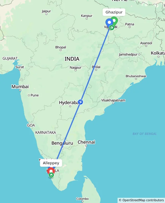 Route map showing distance and travel time from Ghazipur, India to Alappuzha, India