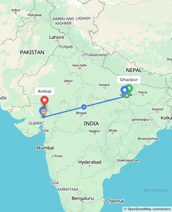Route map showing distance and travel time from Ghazipur, India to Ambaji, India