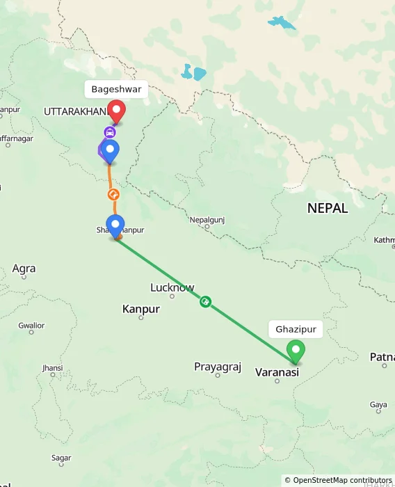 Route map showing distance and travel time from Ghazipur, India to Bageshwar, India