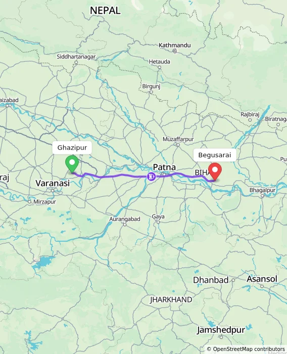 Route map showing distance and travel time from Ghazipur, India to Begusarai, India