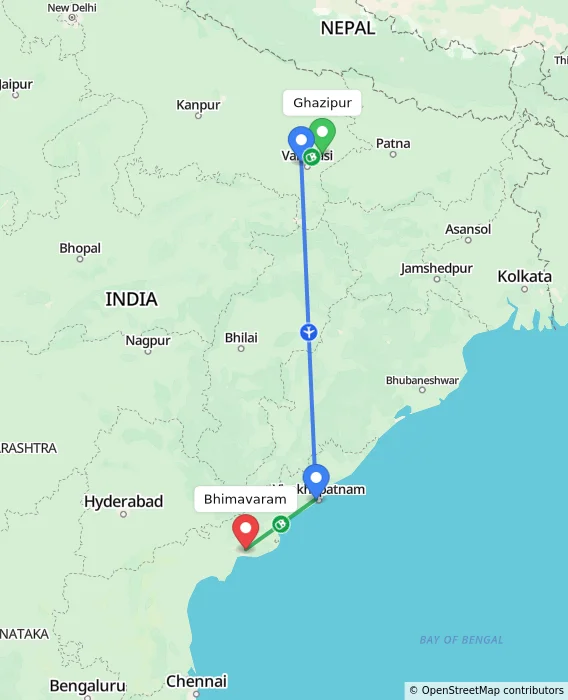 Route map showing distance and travel time from Ghazipur, India to Bhimavaram, India