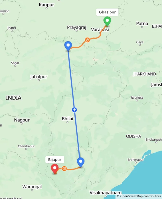Route map showing distance and travel time from Ghazipur, India to Bijapur, India