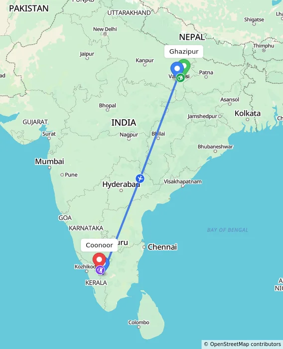 Route map showing distance and travel time from Ghazipur, India to Coonoor, India