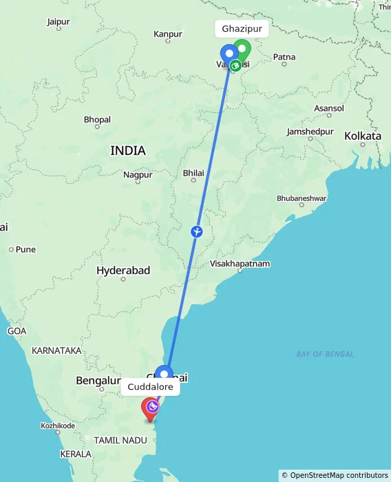 Route map showing distance and travel time from Ghazipur, India to Cuddalore, India