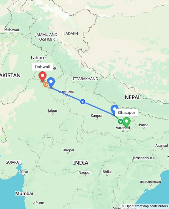 Route map showing distance and travel time from Ghazipur, India to Dabwali, India