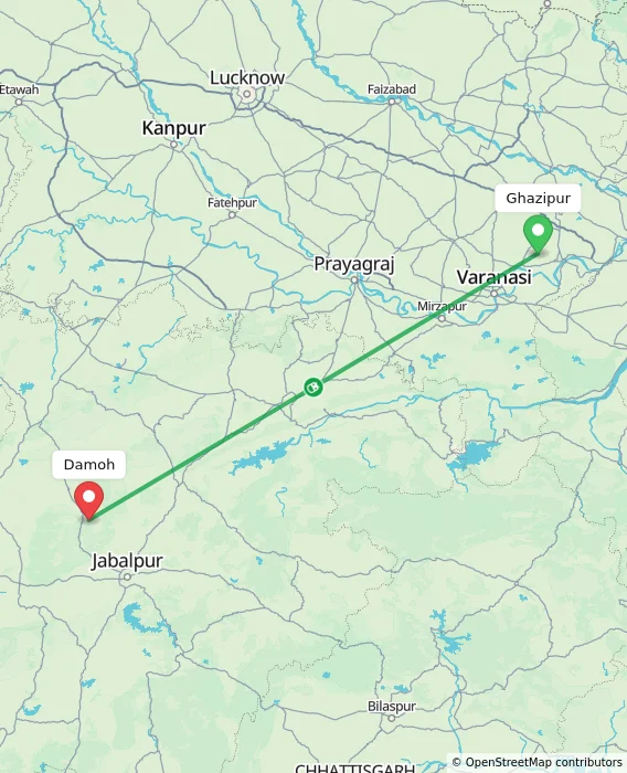 Route map showing distance and travel time from Ghazipur, India to Damoh, India