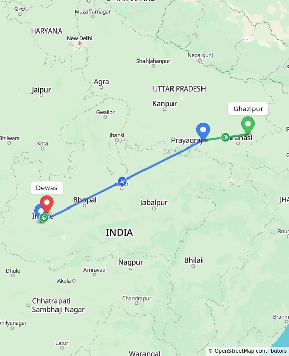 Route map showing distance and travel time from Ghazipur, India to Dewas, India