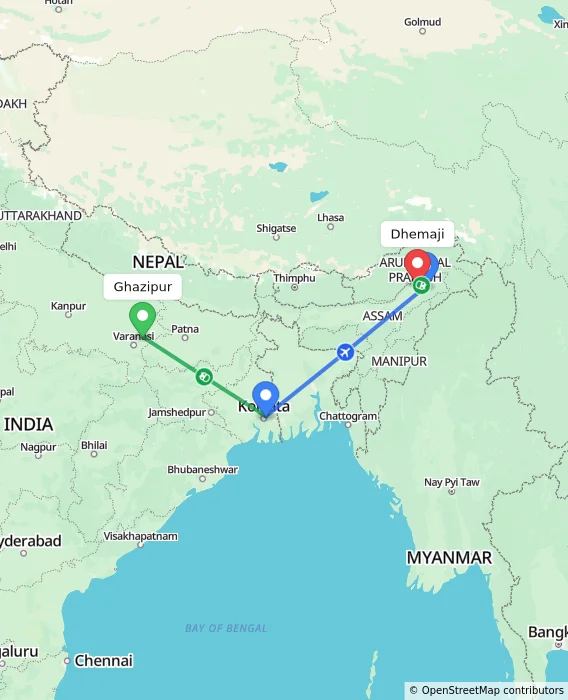 Route map showing distance and travel time from Ghazipur, India to Dhemaji, India