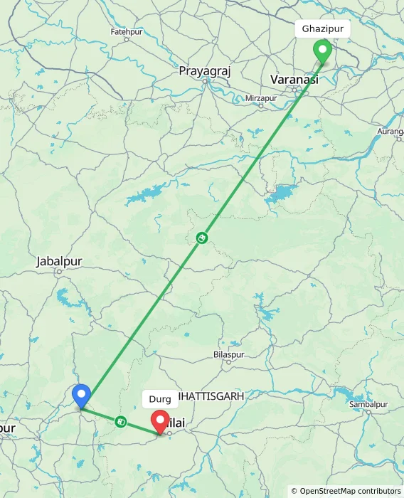 Route map showing distance and travel time from Ghazipur, India to Durg, India
