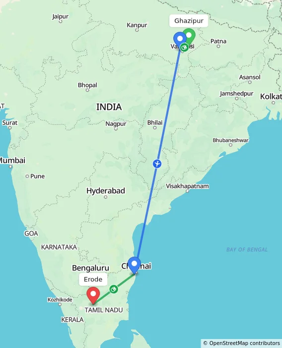 Route map showing distance and travel time from Ghazipur, India to Erode, India