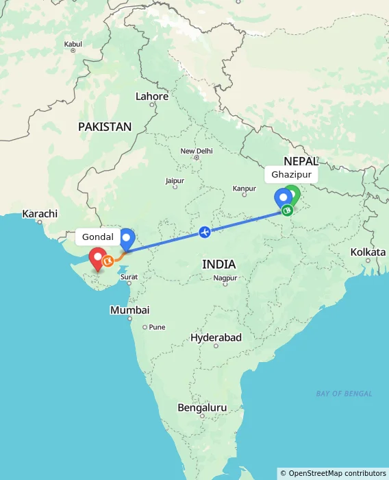Route map showing distance and travel time from Ghazipur, India to Gondal, India