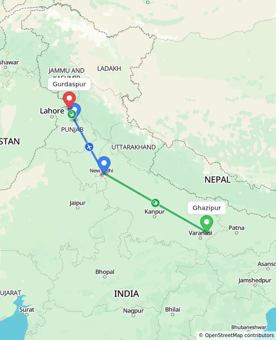 Route map showing distance and travel time from Ghazipur, India to Gurdaspur, India