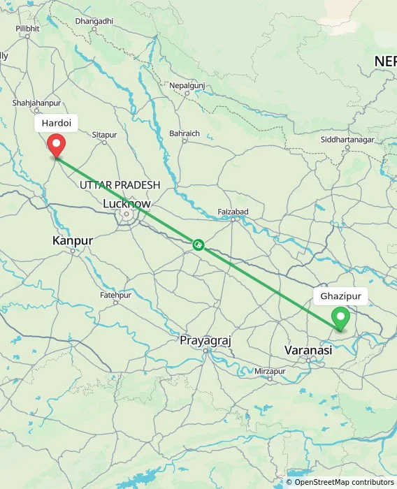 Route map showing distance and travel time from Ghazipur, India to Hardoi, India