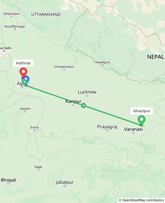 Route map showing distance and travel time from Ghazipur, India to Hathras, India