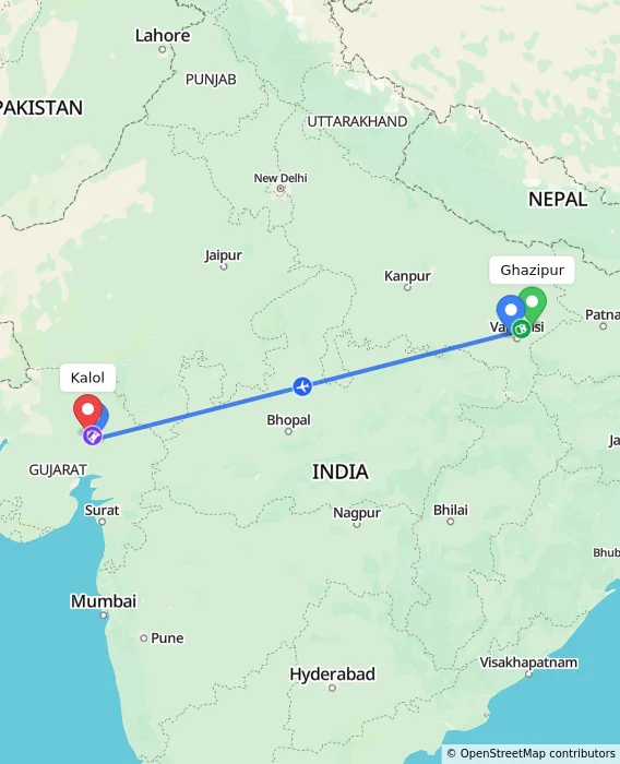 Route map showing distance and travel time from Ghazipur, India to Kalol, India