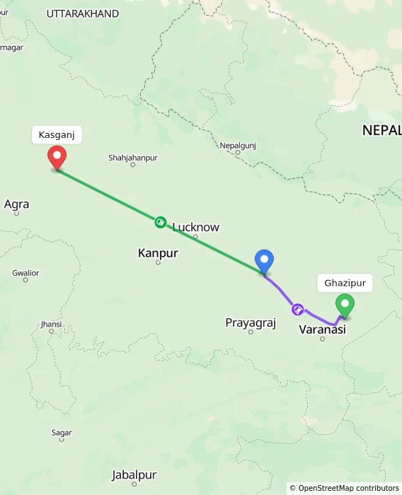 Route map showing distance and travel time from Ghazipur, India to Kasganj, India