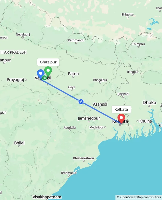Route map showing distance and travel time from Ghazipur, India to Kolkata, India
