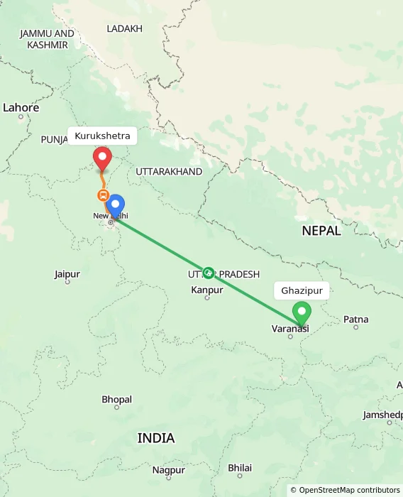 Route map showing distance and travel time from Ghazipur, India to Kurukshetra, India