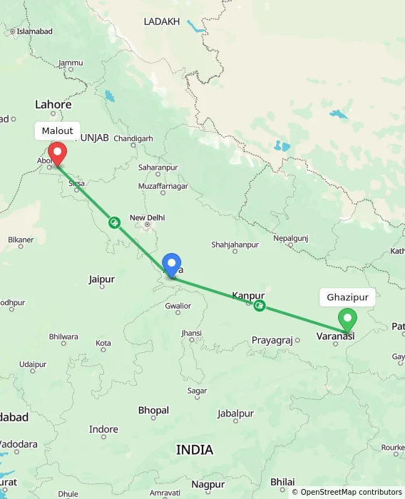 Route map showing distance and travel time from Ghazipur, India to Malout, India