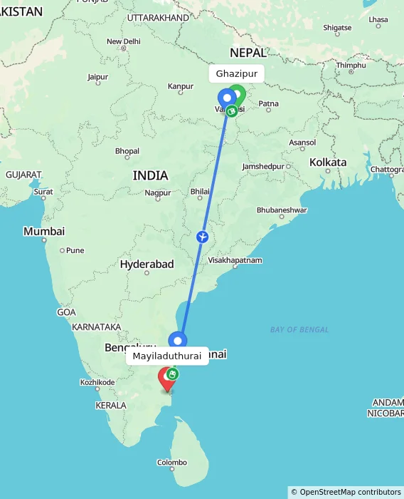 Route map showing distance and travel time from Ghazipur, India to Mayiladuthurai, India