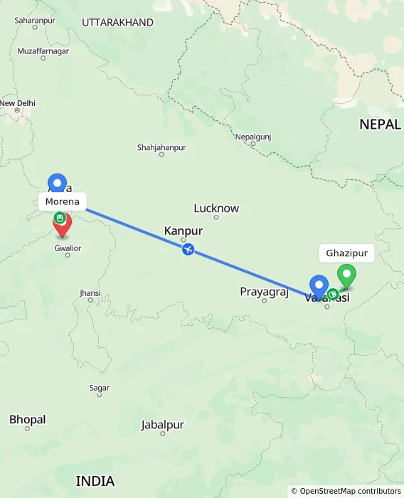 Route map showing distance and travel time from Ghazipur, India to Morena, India