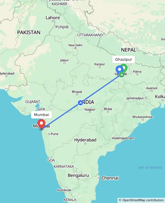 Route map showing distance and travel time from Ghazipur, India to Mumbai, India