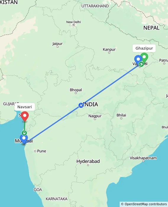 Route map showing distance and travel time from Ghazipur, India to Navsari, India