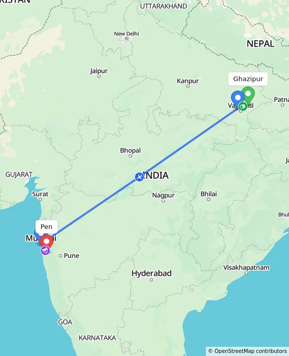 Route map showing distance and travel time from Ghazipur, India to Pen, India