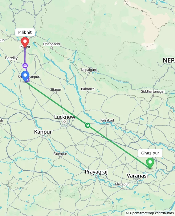 Route map showing distance and travel time from Ghazipur, India to Pilibhit, India