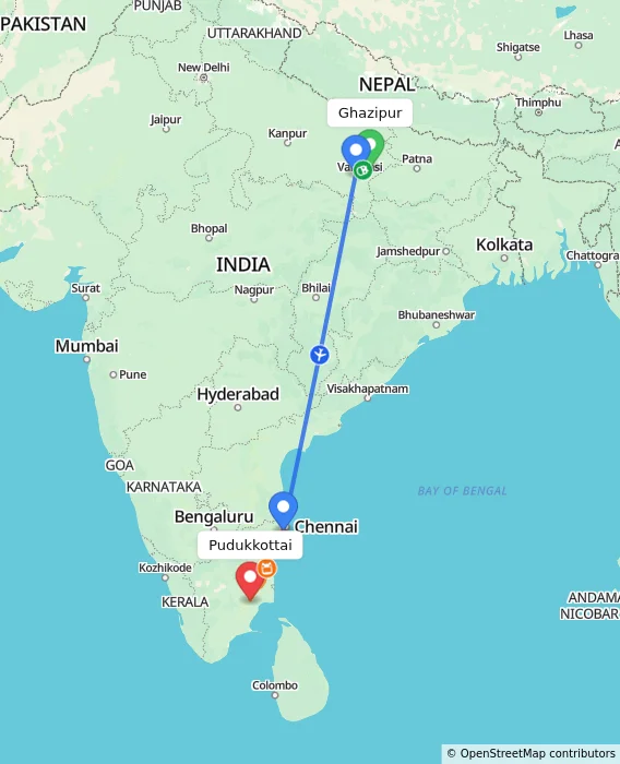 Route map showing distance and travel time from Ghazipur, India to Pudukkottai, India