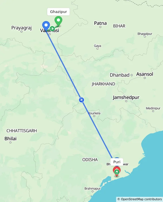 Route map showing distance and travel time from Ghazipur, India to Puri, India