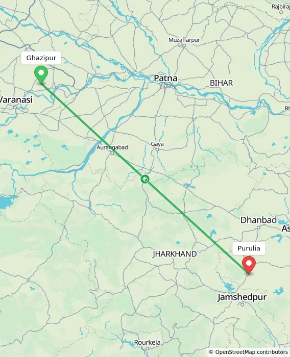 Route map showing distance and travel time from Ghazipur, India to Purulia, India