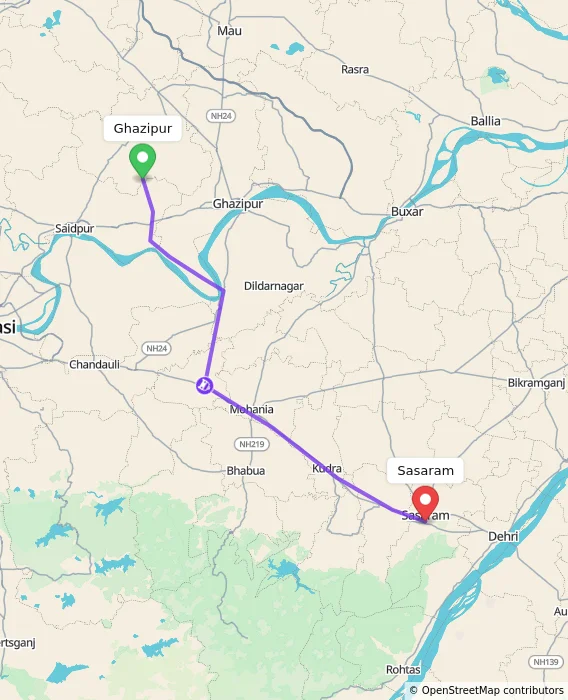 Route map showing distance and travel time from Ghazipur, India to Sasaram, India