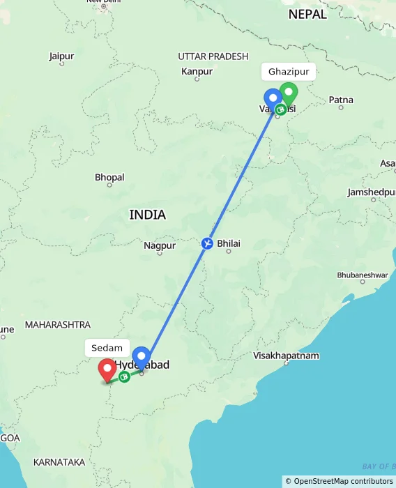 Route map showing distance and travel time from Ghazipur, India to Sedam, India