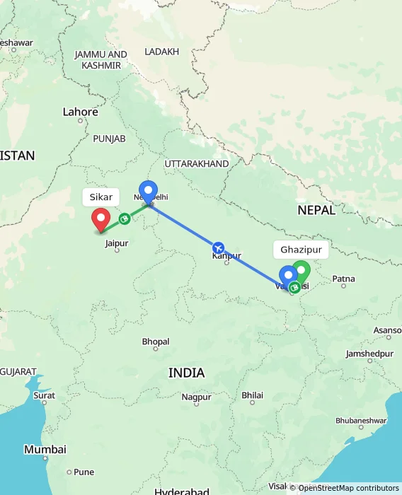 Route map showing distance and travel time from Ghazipur, India to Sikar, India