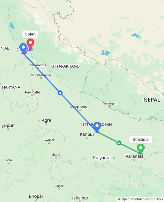 Route map showing distance and travel time from Ghazipur, India to Solan, India