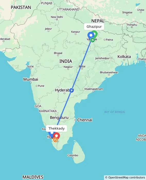 Route map showing distance and travel time from Ghazipur, India to Thekkady, India