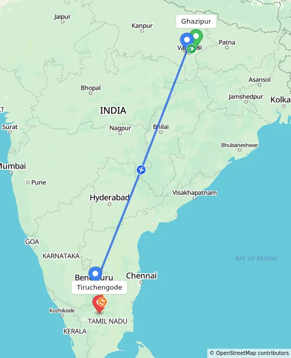 Route map showing distance and travel time from Ghazipur, India to Tiruchengode, India