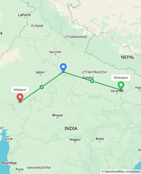 Route map showing distance and travel time from Ghazipur, India to Udaipur, India