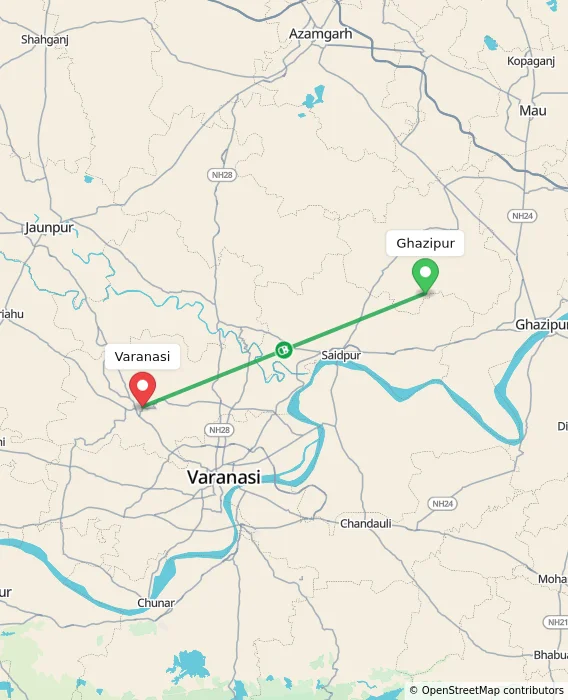 Route map showing distance and travel time from Ghazipur, India to Varanasi, India