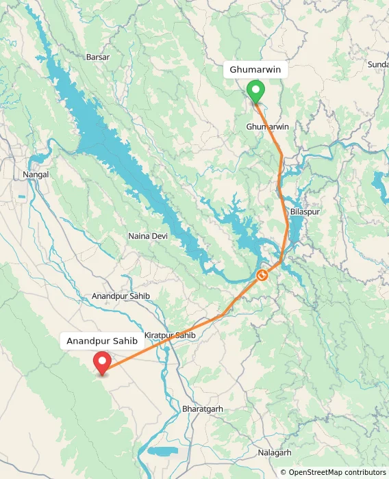 Route map showing distance and travel time from Ghumarwin, India to Anandpur Sahib, India