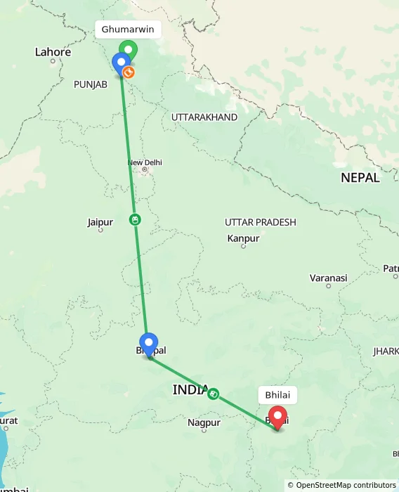 Route map showing distance and travel time from Ghumarwin, India to Bhilai, India