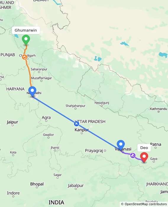 Route map showing distance and travel time from Ghumarwin, India to Deo, India