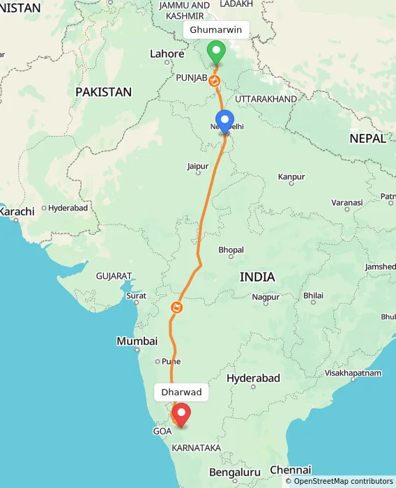 Route map showing distance and travel time from Ghumarwin, India to Dharwad, India